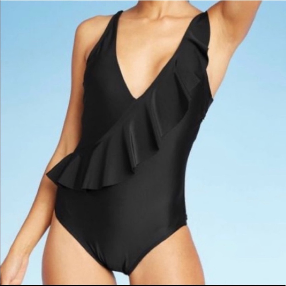 Kona Sol Black One Piece Ruffle Swimsuit NWT